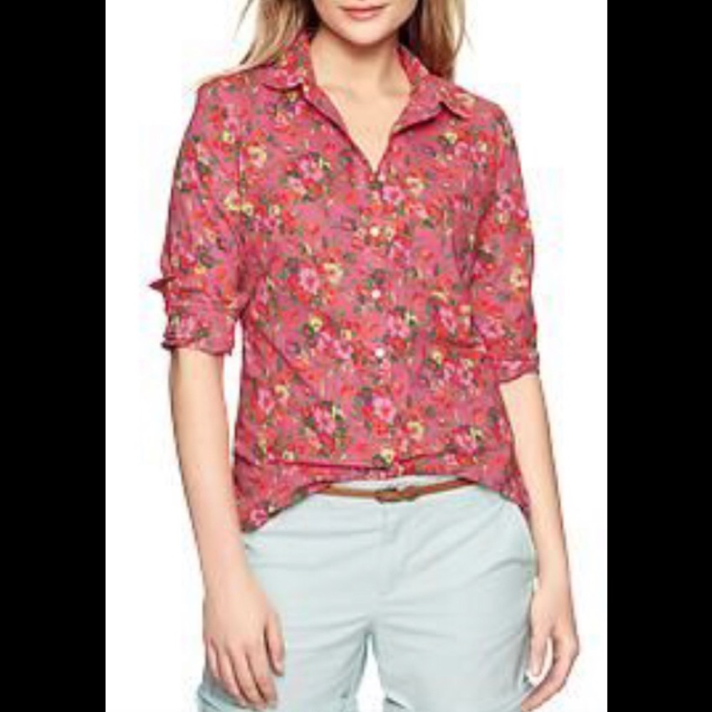 GAP Pink Floral Roll-Sleeve Button-Up Blouse